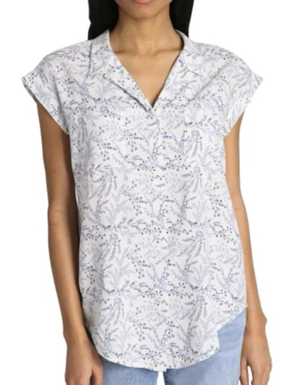 JACHS Girlfriend Sz S White Button-Front Cap Sleeve Top with Blue Floral Print